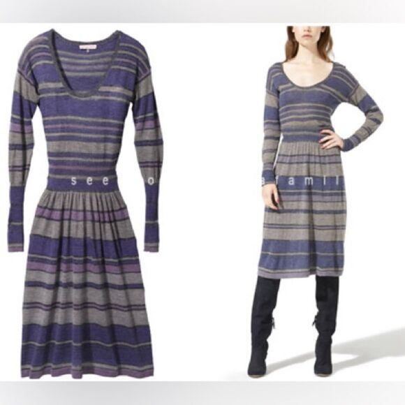 Rebecca Taylor- Women’s Metallic Blue Striped V-Neck Long Sleeve Dress, Size S - Picture 14 of 14